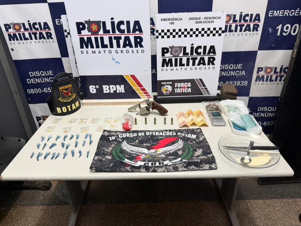Rotam prende homem com revólver e porções de drogas em Cáceres-MT